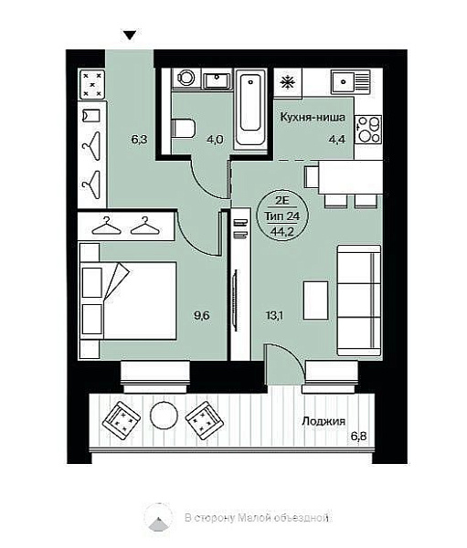 2-к. кв. 44.5 м² 3/14 эт.