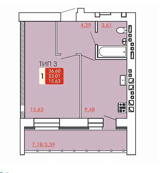 1-к. кв. 36.6 м² 7/7 эт.