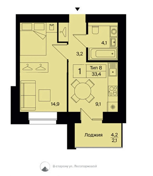 1-к. кв. 33.4 м² 2/9 эт.